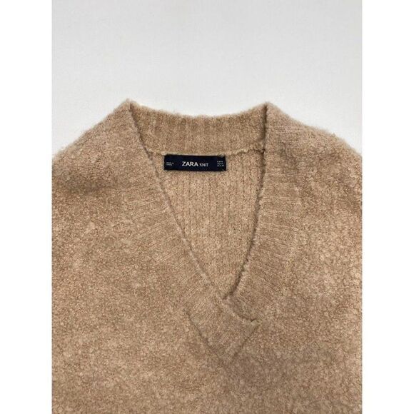 ZARA Beige V Neck Oversized Faux Fur ‎ Pocket Wool Blend Sweaater Medium - Picture 5 of 8